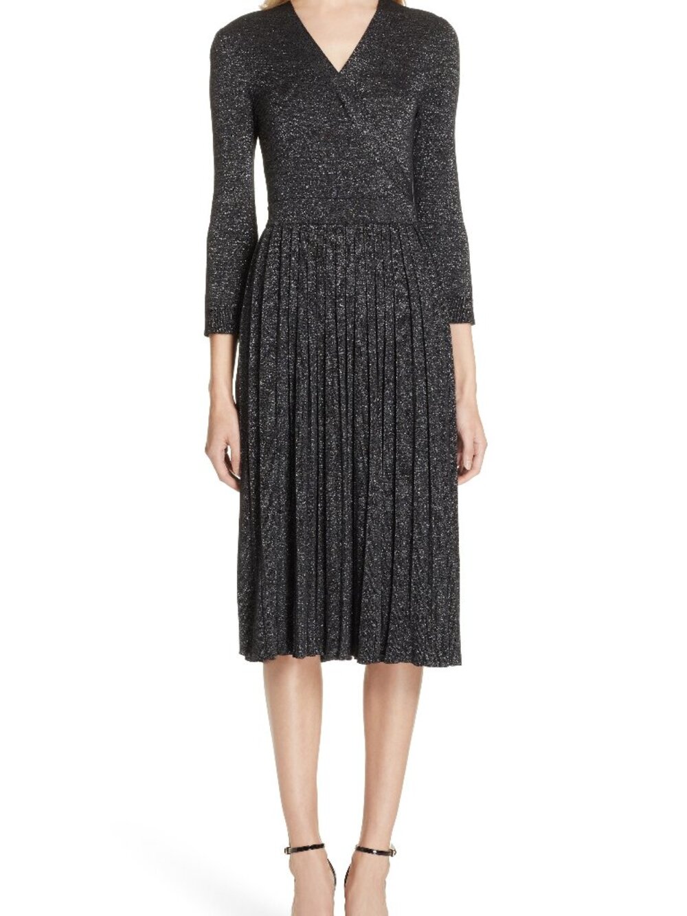 Kate Spade Metallic Faux-Wrap Pleated Sweater Dress | Size M